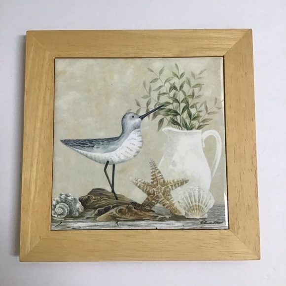 Vintage Diane Arthurs Framed Ceramic Tile Trivet Sandpiper Shells 8x8” Wall Art - Picture 11 of 14